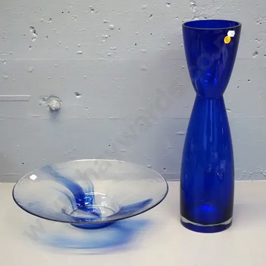 2 art glass items - cobalt blue large vase H-420 and a blue and clear bowl