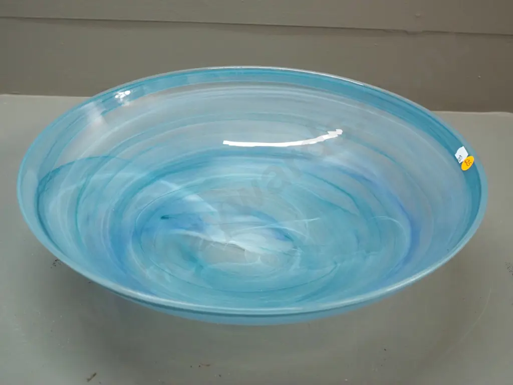 large swirled teal & blue art glass bowl H-100 D-390 Image 1++