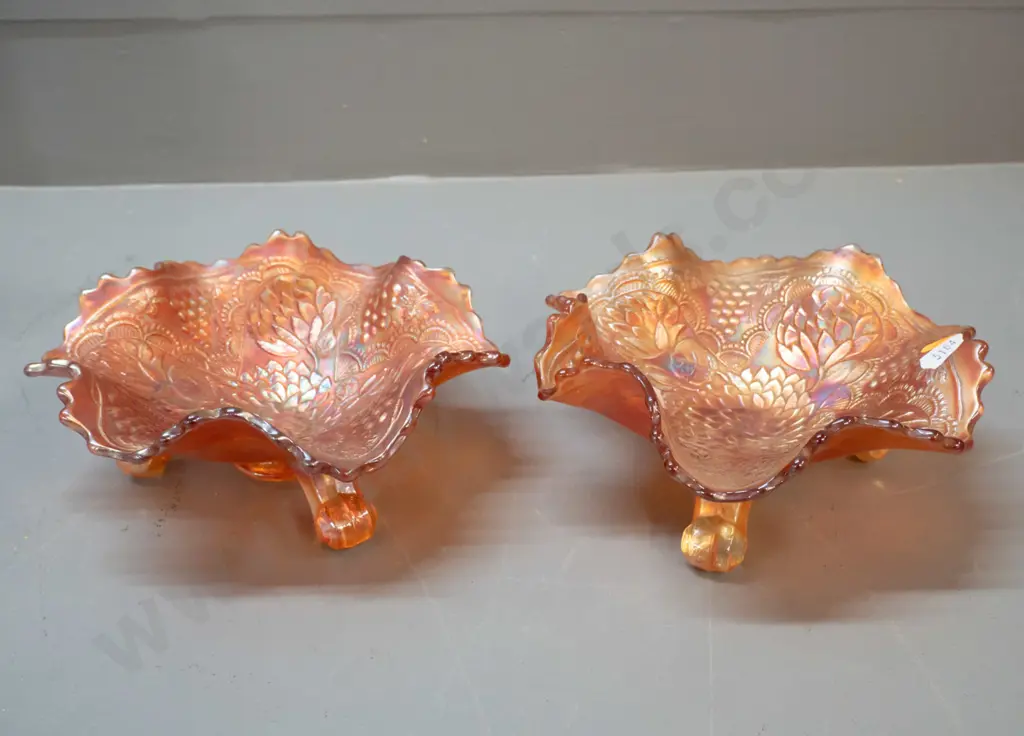 pair of marigold carnival glass 3-footed frilled rim bowls D-150 Image 1++