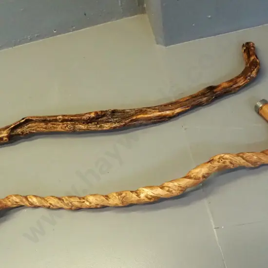 2 twisted timber walking sticks, one with steel band, longer is L940