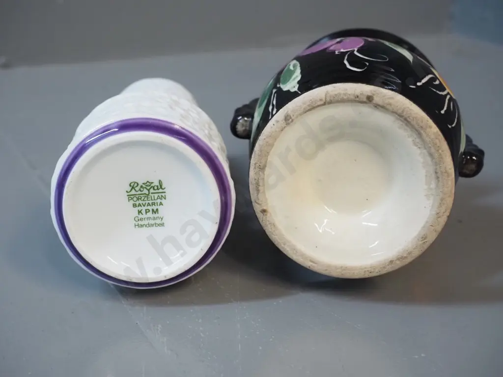 2 German pottery vases - small purple and silver banded is marked KPM H-180 Image 1++