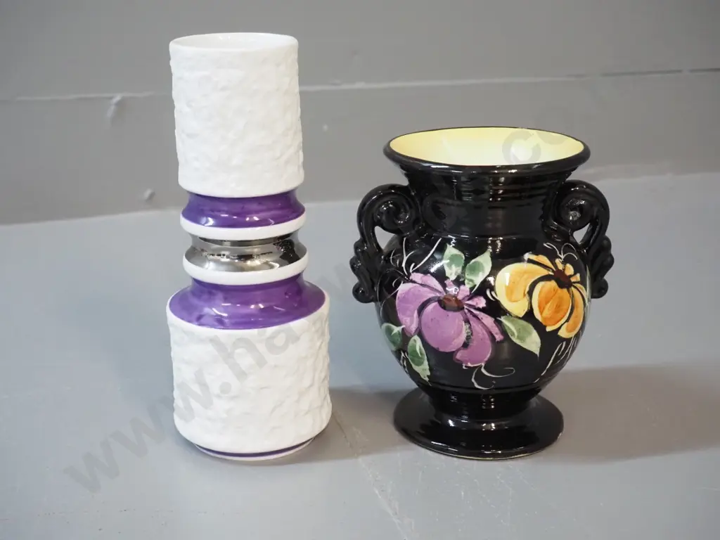 2 German pottery vases - small purple and silver banded is marked KPM H-180 Image 1++