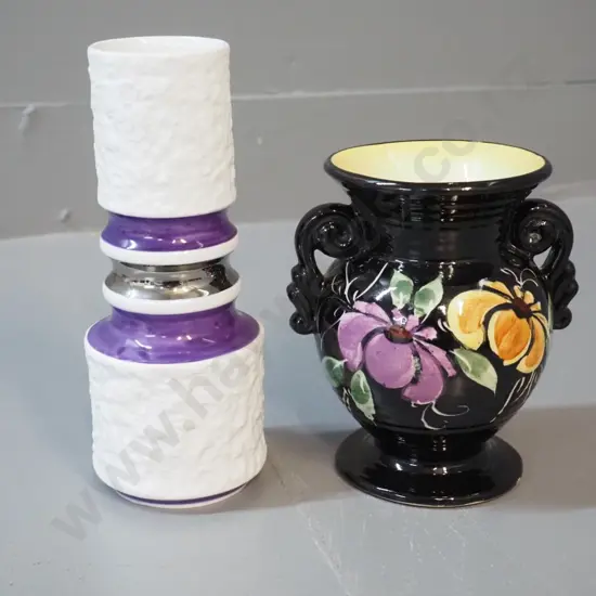 2 German pottery vases - small purple and silver banded is marked KPM H-180