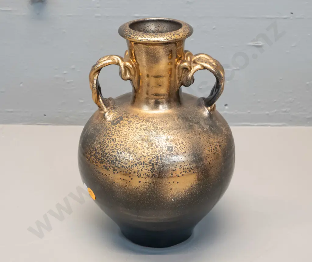 studio pottery double handled vase - black with gilt decoration - mark hard to read - P. Laird? H-250 Image 1++
