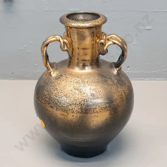 studio pottery double handled vase - black with gilt decoration - mark hard to read - P. Laird? H-250
