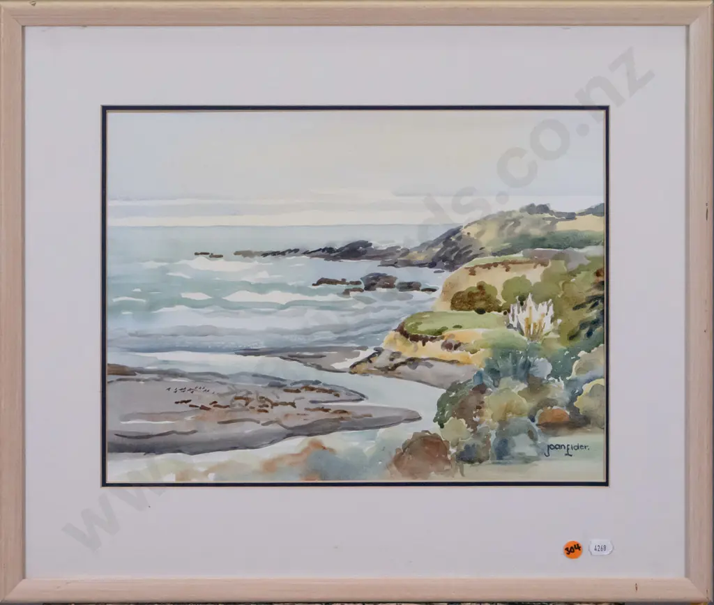 Joan Elder - framed watercolour "River Meets Sea Kakanui" H-290 W-380 Image 1++