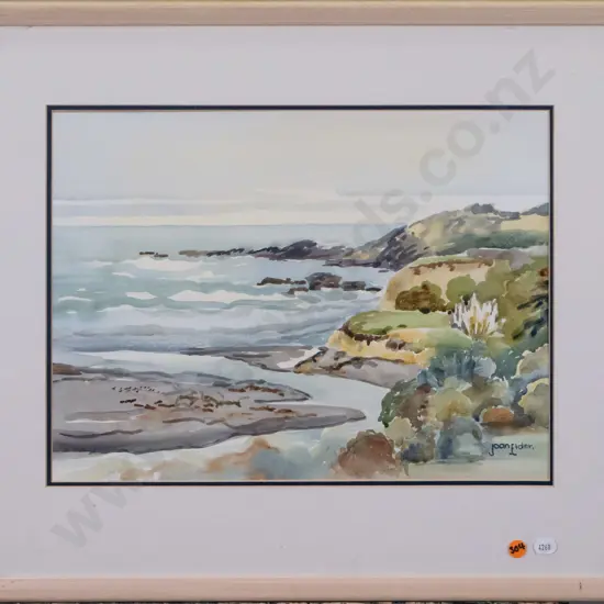 Joan Elder - framed watercolour "River Meets Sea Kakanui" H-290 W-380