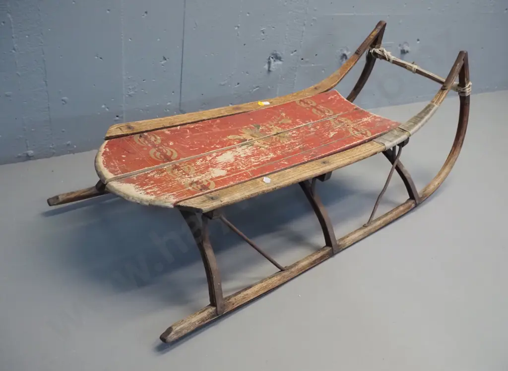 vintage child's toboggan with painted decoration - wear & splitting to timber H-340 L-900 W-410 Image 1++