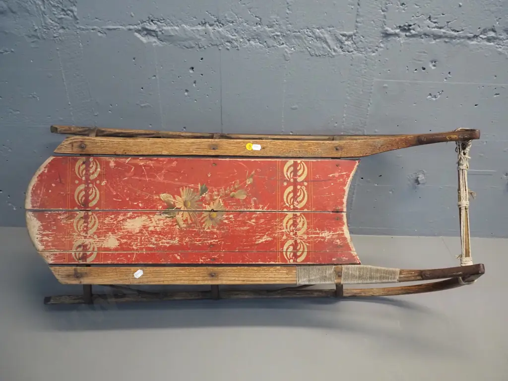 vintage child's toboggan with painted decoration - wear & splitting to timber H-340 L-900 W-410 Image 1++