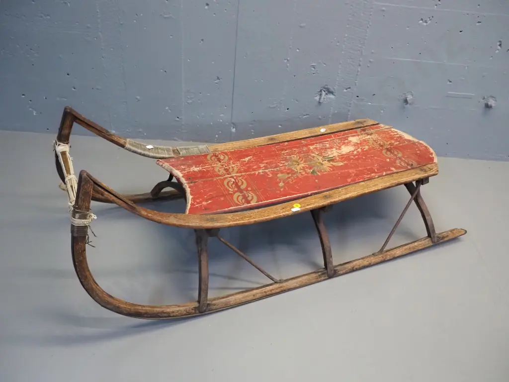 vintage child's toboggan with painted decoration - wear & splitting to timber H-340 L-900 W-410 Image 1++