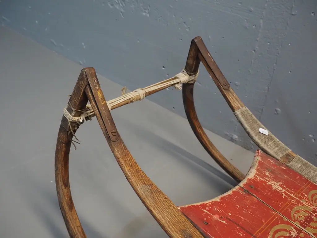 vintage child's toboggan with painted decoration - wear & splitting to timber H-340 L-900 W-410 Image 1++