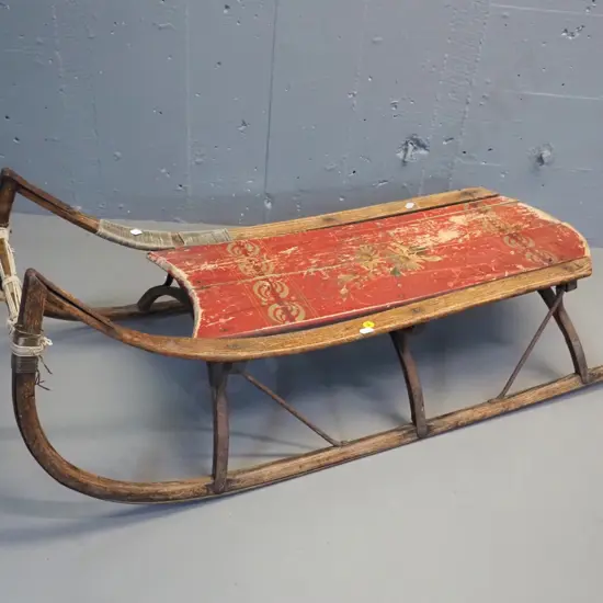 vintage child's toboggan with painted decoration - wear & splitting to timber H-340 L-900 W-410