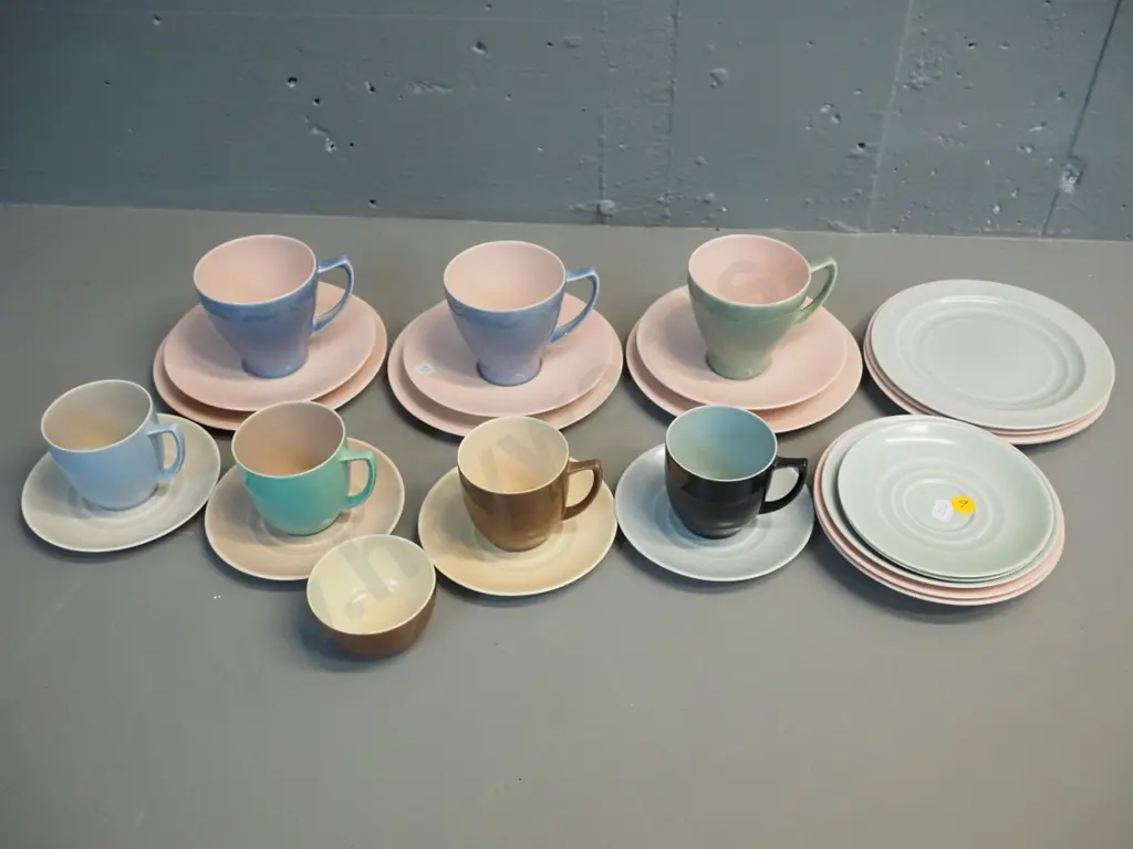Branksome multi colour china - 3 trios, 5 coffee cups & saucers, sugar bowl and various spare saucers and sides Image 1++