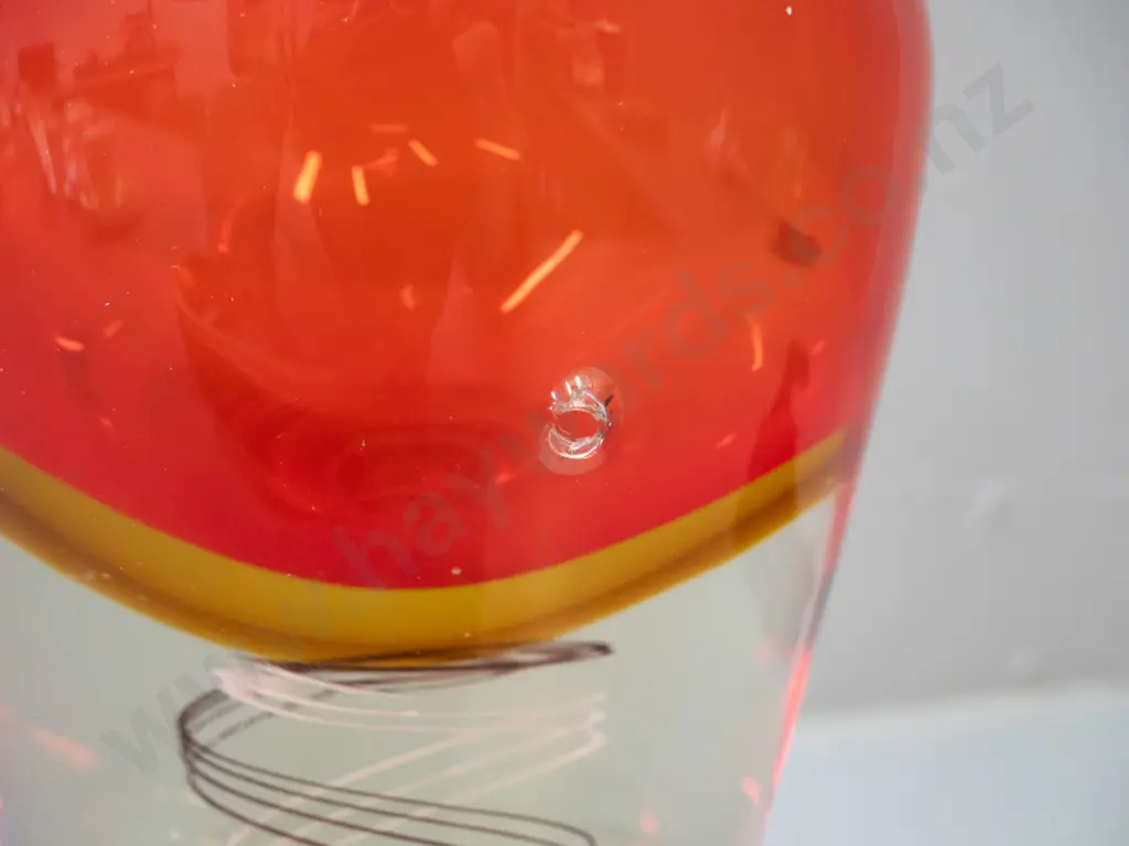 very heavy art glass vase - clear base with inner spiral and red top H-320 Image 1++