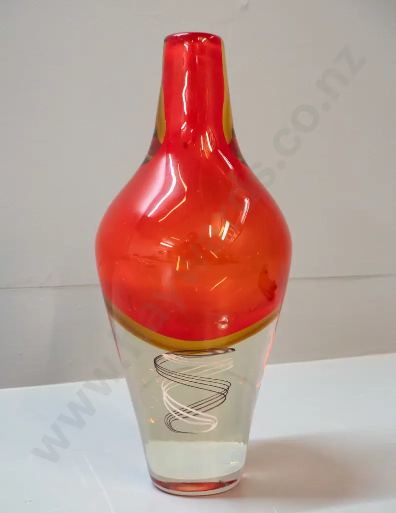 very heavy art glass vase - clear base with inner spiral and red top H-320 Image 1++