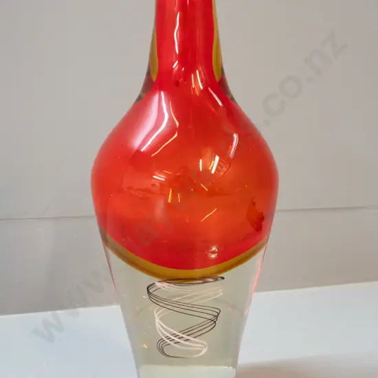very heavy art glass vase - clear base with inner spiral and red top H-320