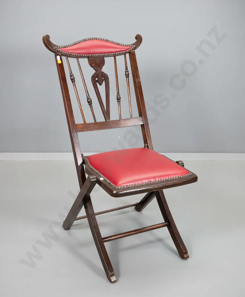 vintage Empire-style folding campaign chair w/brass studded red velvet upholstered seat & rail H820 W450 D480 Image 1++