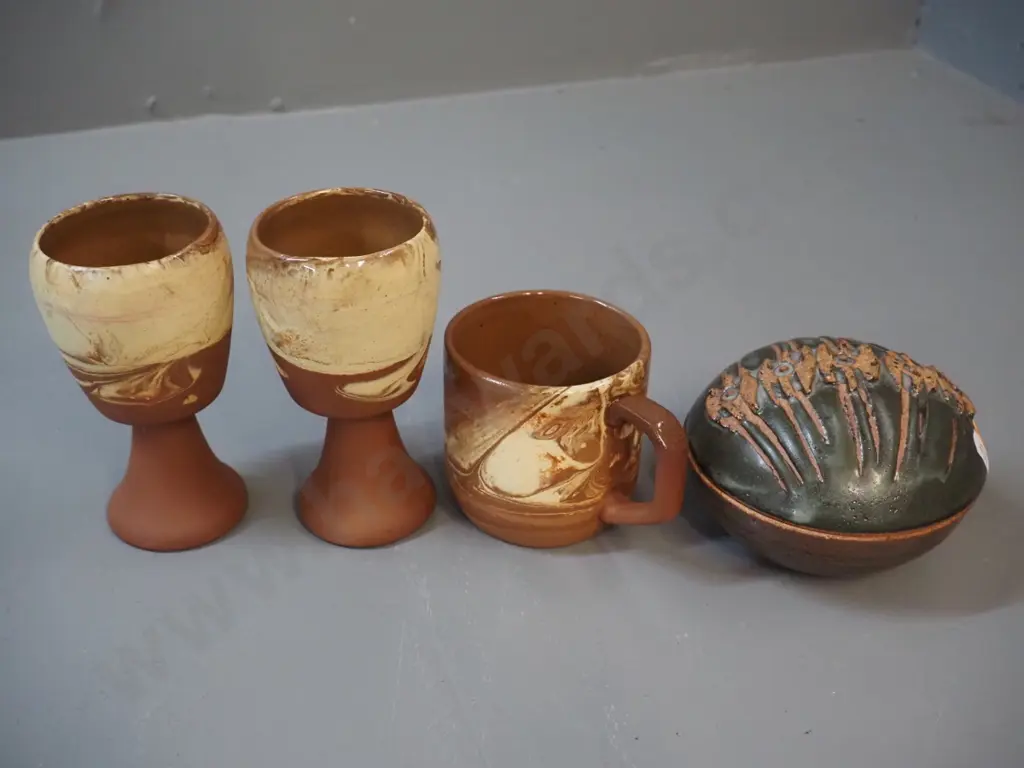 Peter Stichbury NZ pottery covered pot D-110 and 3 pieces Te Rona pottery - mug and 2 goblets Image 1++