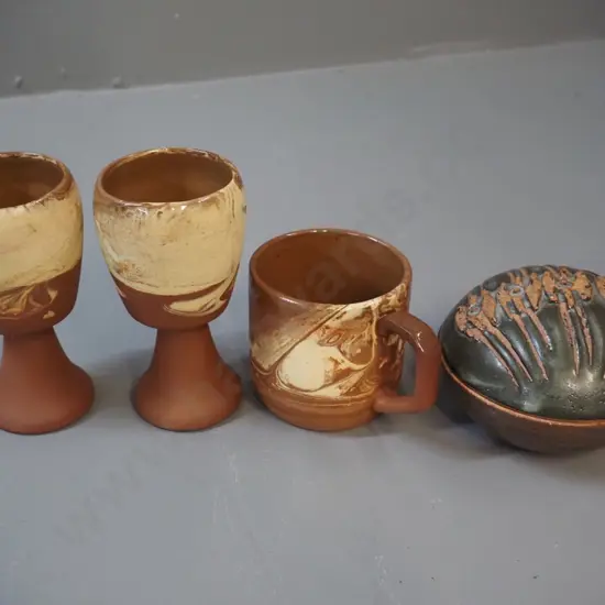 Peter Stichbury NZ pottery covered pot D-110 and 3 pieces Te Rona pottery - mug and 2 goblets