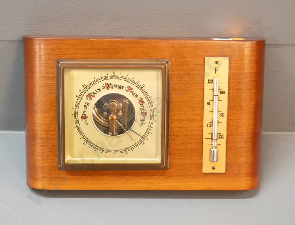 small West German wood-cased wall barometer-thermometer H-130 W-200 Image 1++