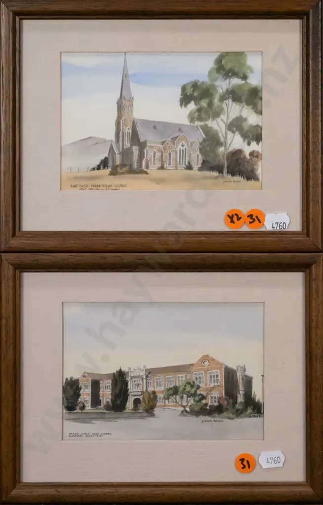 2x framed hand coloured Yvonne Benson prints - Otago Girls, East Taieri Pres.Church H-100 W-130 Image 1++