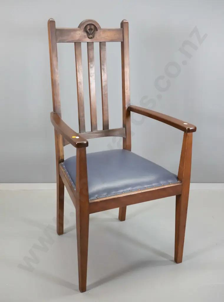 deco solid timber high-back occasional armchair, carved back, studded blue leather upholstered seat H1170 W580 D530 Image 1++