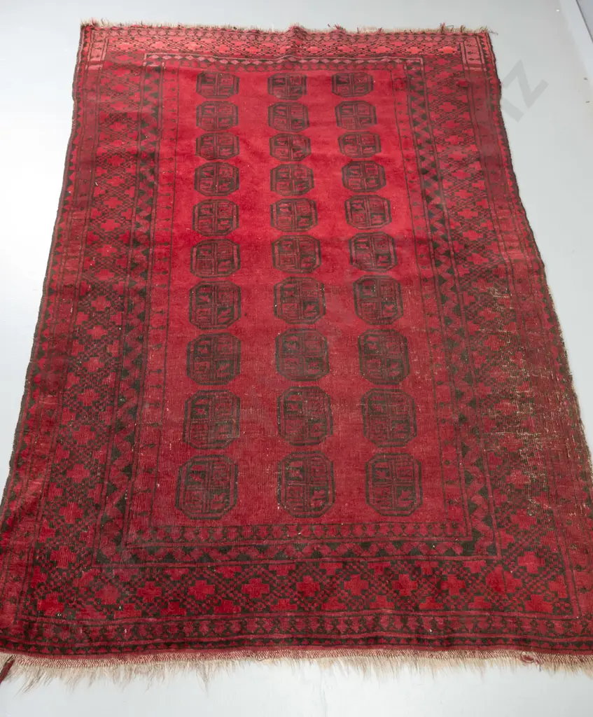 Persian hand-knotted wool floor rug - deep red and black - some areas of wear L-2090 W-1430 Image 1++