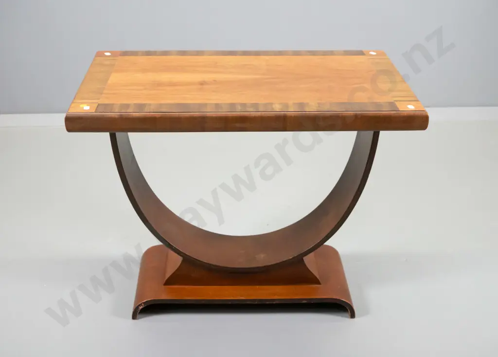 deco mixed timber veneer hoop-base end table - some scratches to base  H-570 W-720 D-440 Image 1++