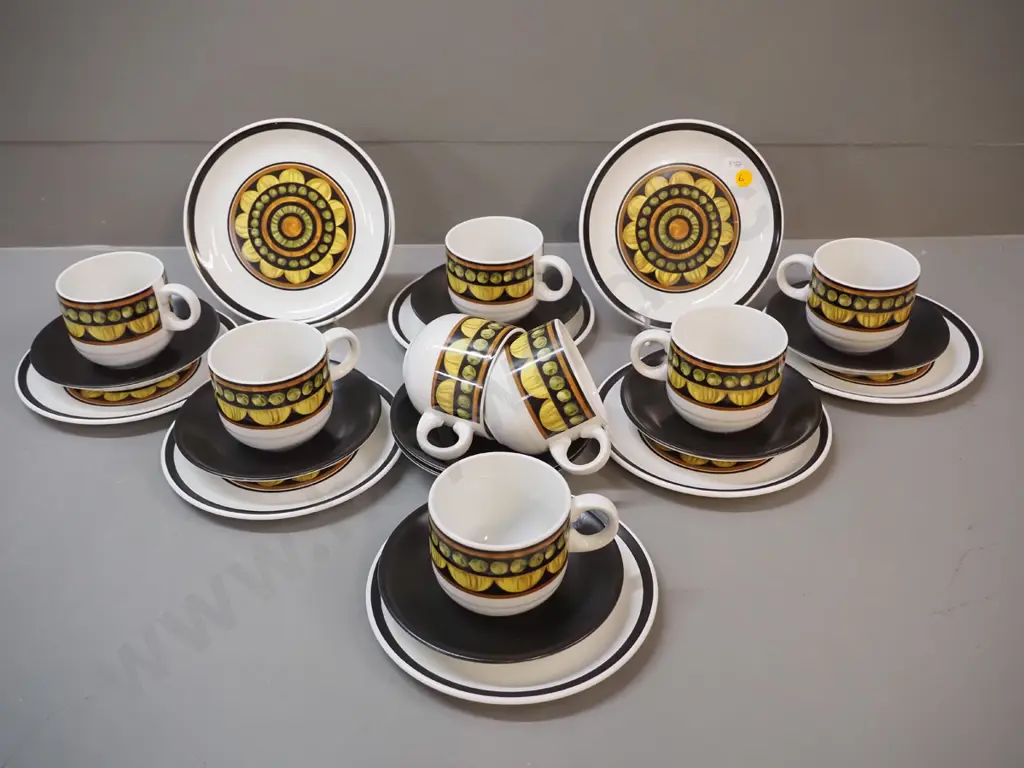 retro set of 8 Alfred Meakin 'Samba' pattern trios - scratches to design on one plate Image 1++