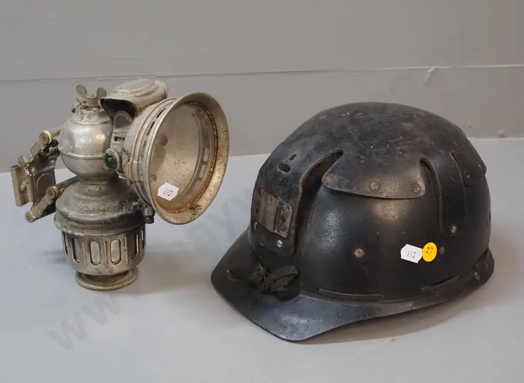 fibre miner's helmet and a vintage Riemann's Phaenomen bicycle lantern Image 1++