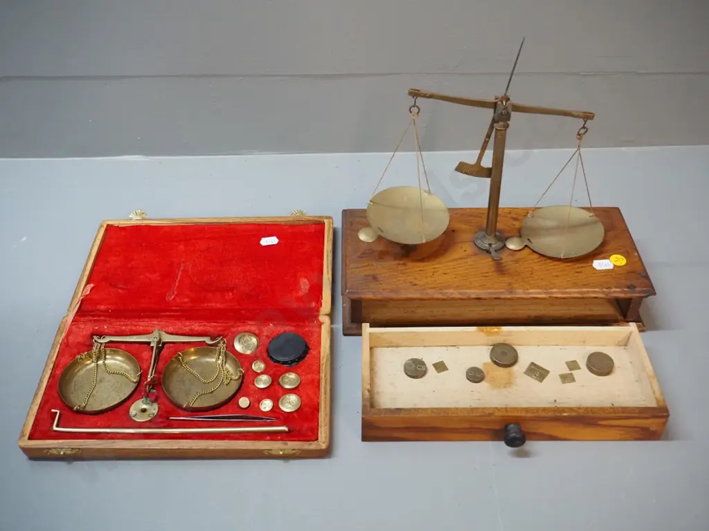 2 sets of gold scales, both needing attention - red-lined set has damage to support, other needs tightening etc. Image 1++