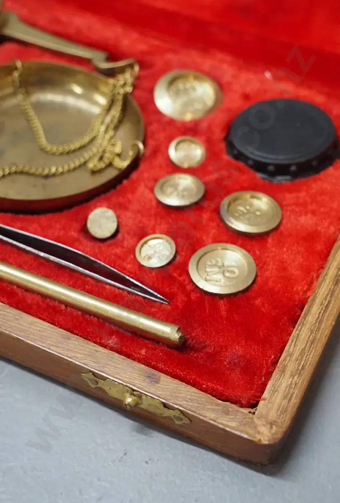 2 sets of gold scales, both needing attention - red-lined set has damage to support, other needs tightening etc. Image 1++