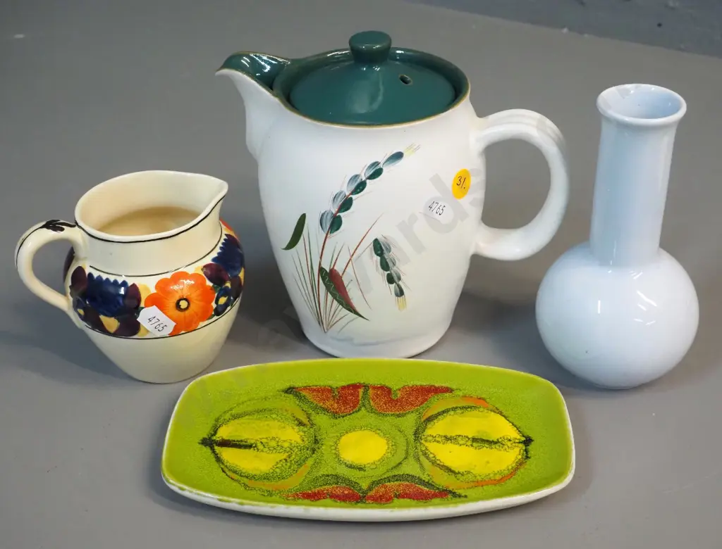 4 English china items - Poole small dish and vase, Denby Greenwheat coffee pot H160, Adams jug Image 1++