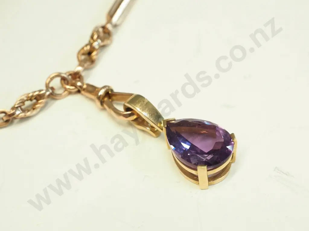rolled gold  pocket watch chain with amethyst (setting is 9ct) - clasp broken Image 1++