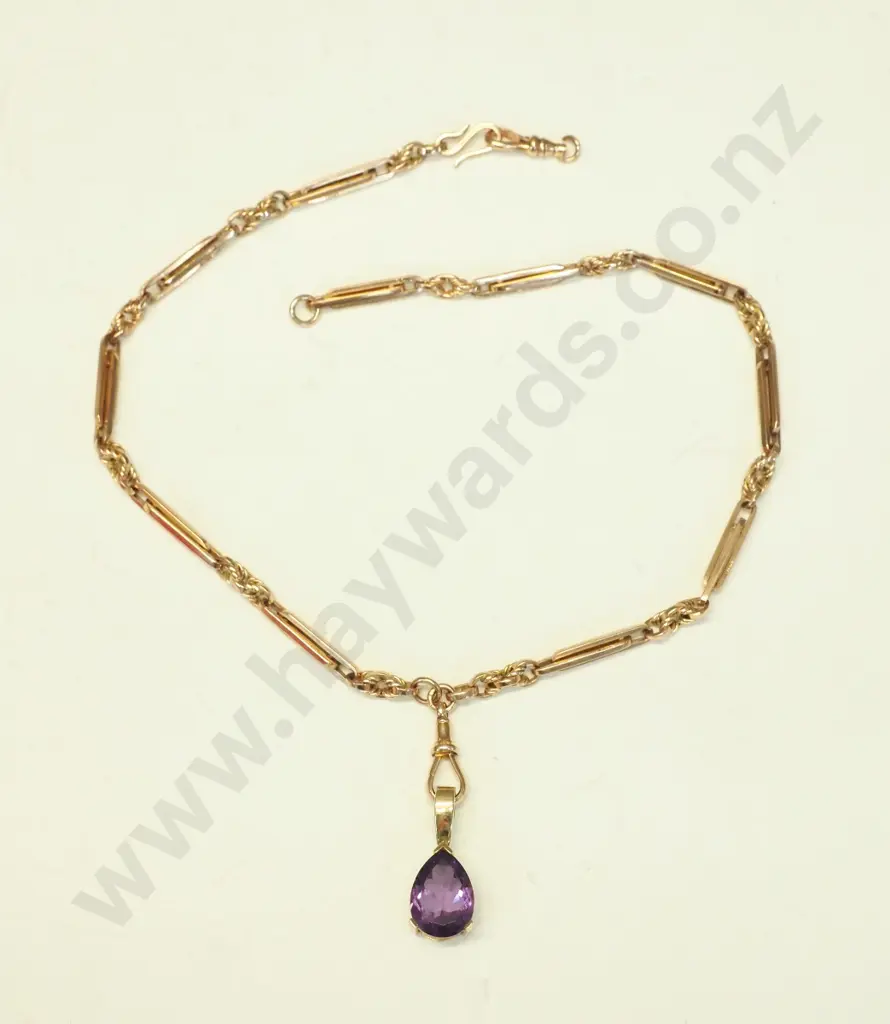 rolled gold  pocket watch chain with amethyst (setting is 9ct) - clasp broken Image 1++