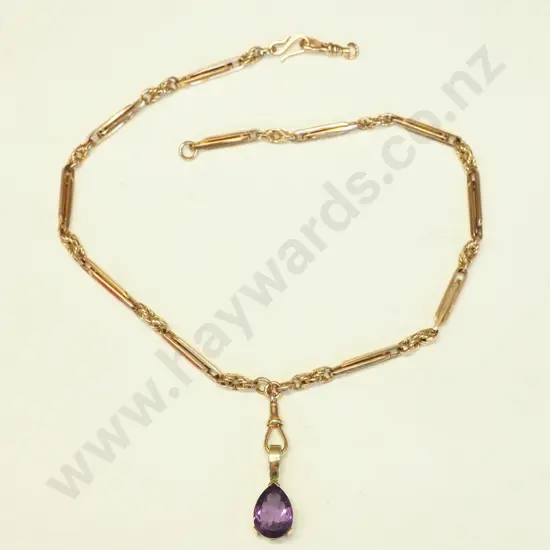 rolled gold  pocket watch chain with amethyst (setting is 9ct) - clasp broken