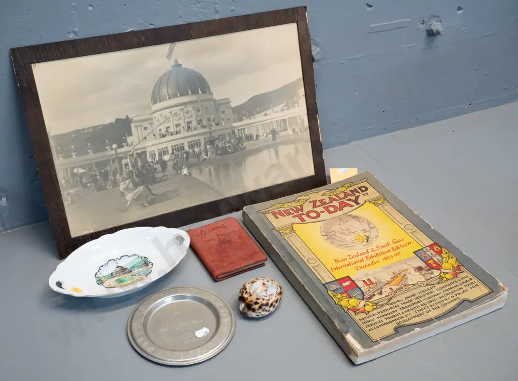 assorted souvenir items from 1925-26 Dunedin Exhibition including photo, large book, dish, etc. plus engraved shell Image 1++
