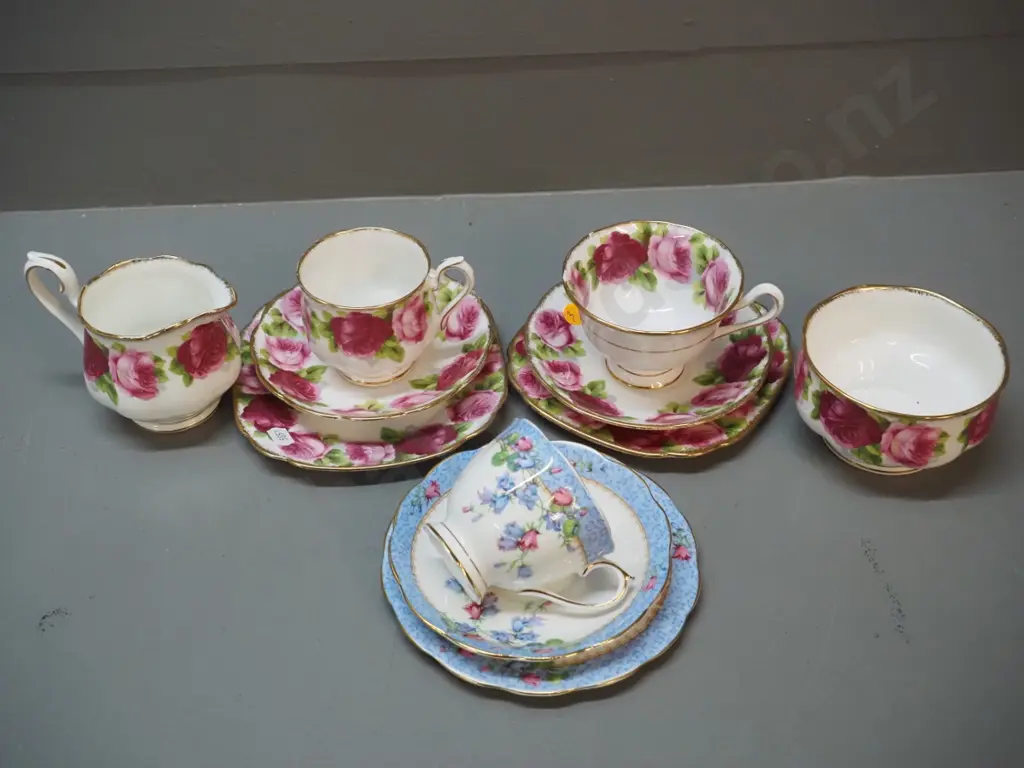 Royal Albert Old English Rose - 2 trios, cream and sugar - and a Royal Albert Harebell trio Image 1++