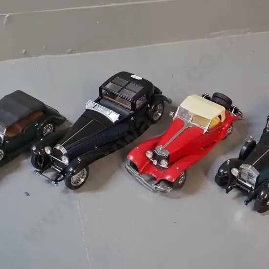 4 Franklin Mint die-cast models - vintage vehicles, each have either missing part or minor damage - Bugatti is L-250