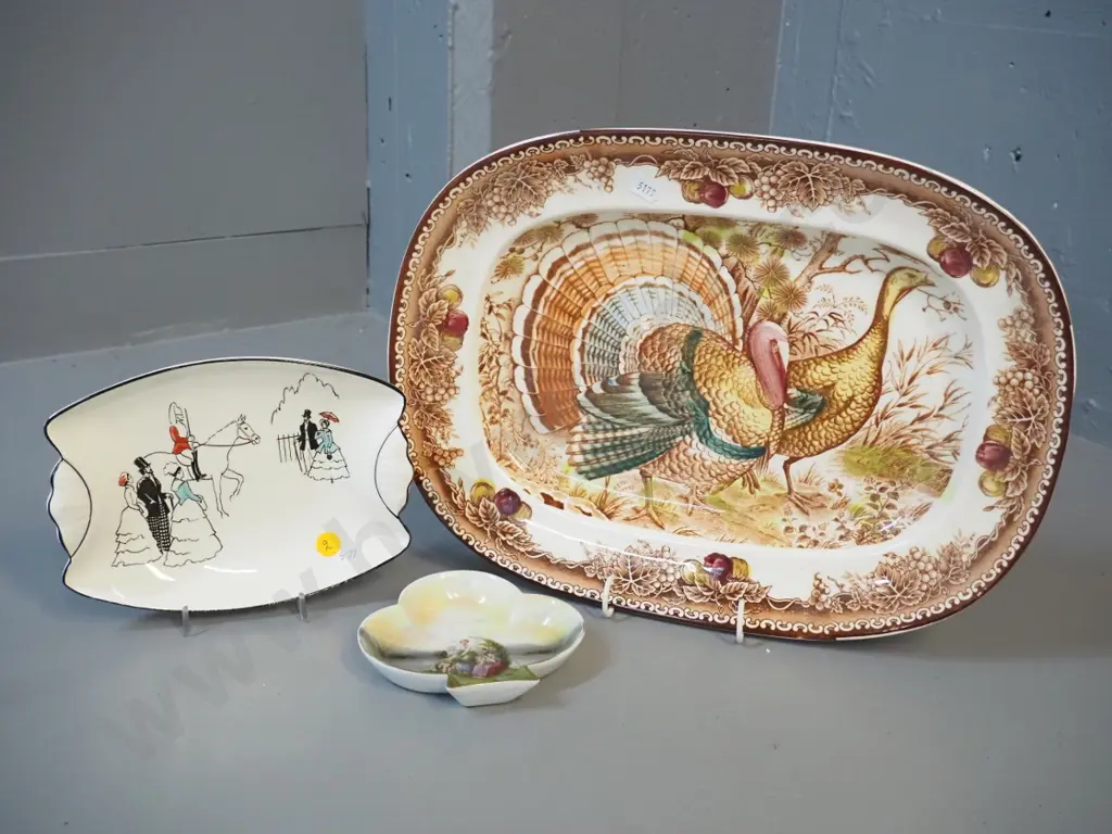 turkey platter, no maker's mark L-370 W-270, a Royal Winton dish, Royal Bayreuth pin dish Image 1++