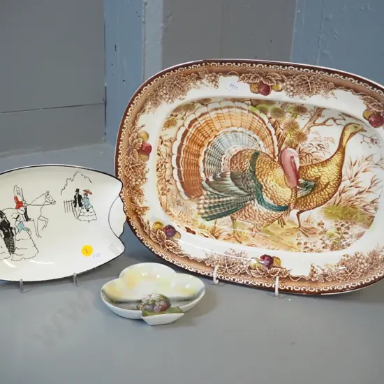 turkey platter, no maker's mark L-370 W-270, a Royal Winton dish, Royal Bayreuth pin dish