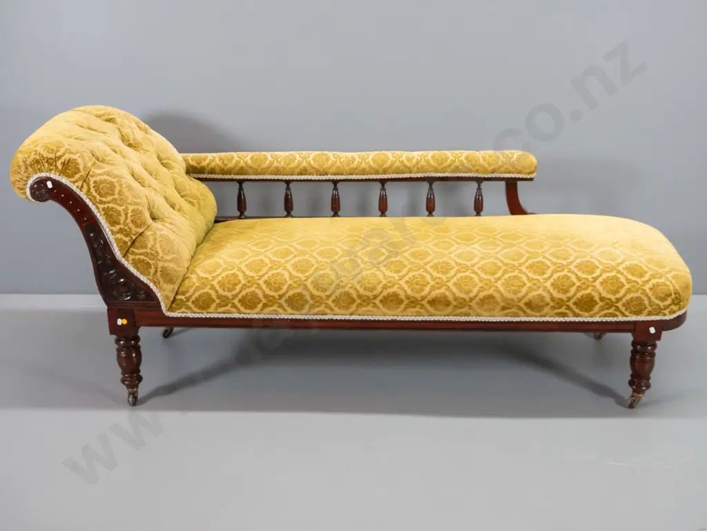 vintage rolled end chaise longue with carved timber facing, embossed velvet, on porcelain casters H770 L1870 D610 Image 1++