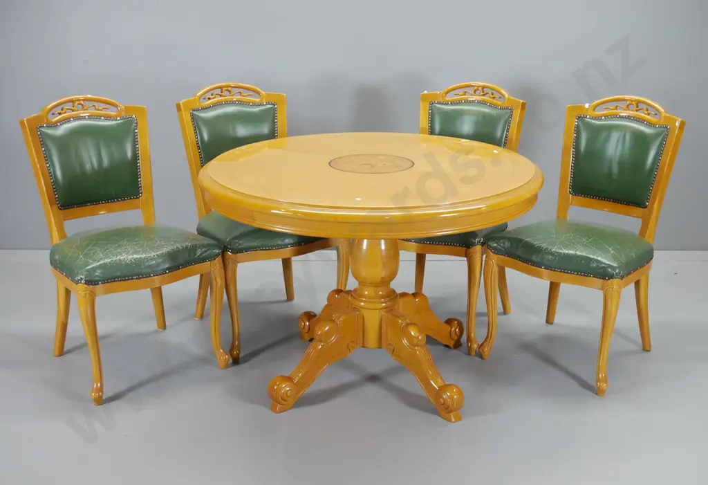 vintage European 5-piece dining suite w/carved chair backs & pedestal base, marquetry top, green leather H730 D1030 Image 1++
