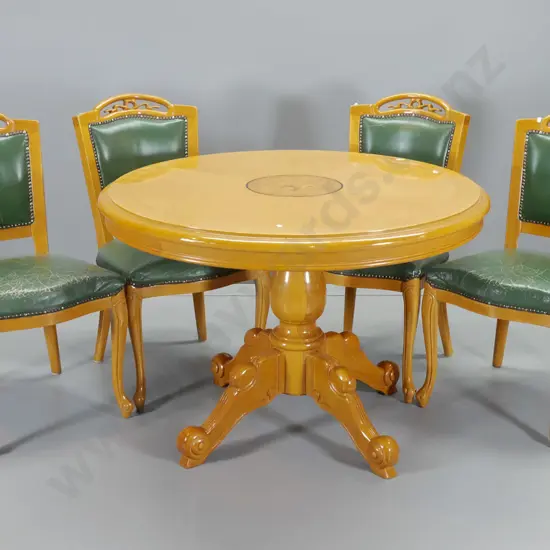 vintage European 5-piece dining suite w/carved chair backs & pedestal base, marquetry top, green leather H730 D1030