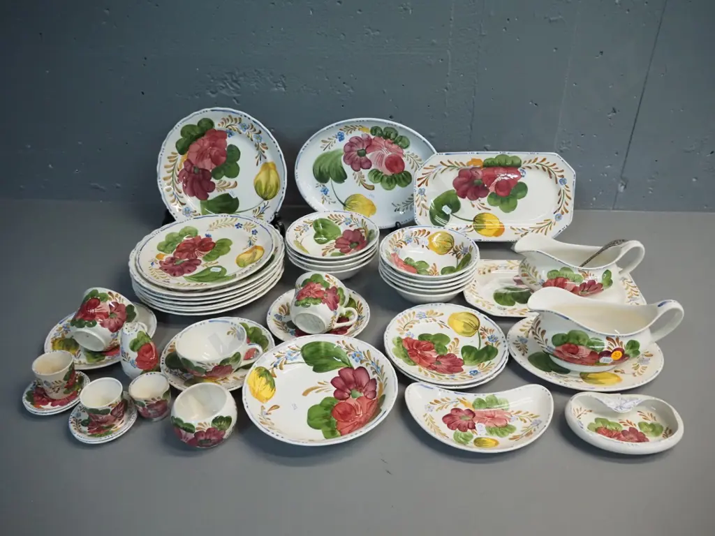 large assortment of Simpsons 'Belle Fiore' china - 2 gravy boats, sandwich tray, platter, 7 dinner plates, etc. Image 1++