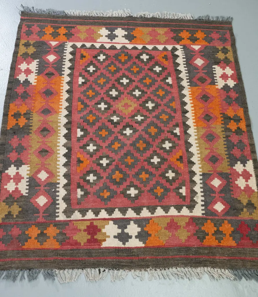 small kilim floor rug - red, orange, brown & ivory - L1010 W840 Image 1++