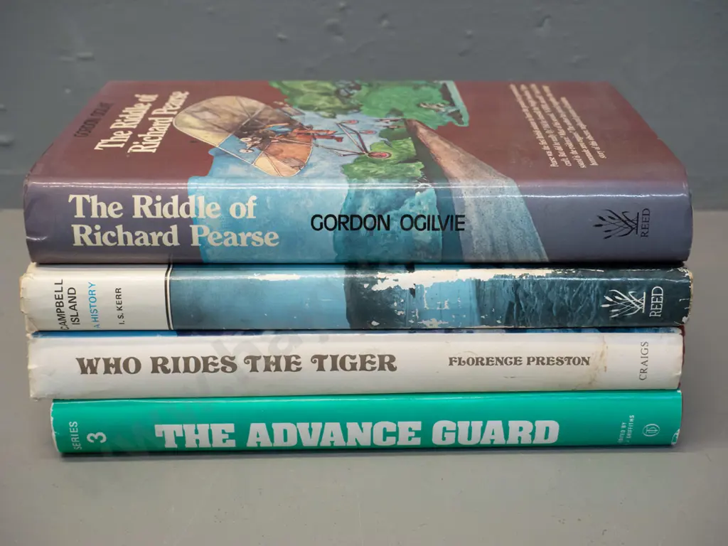 4 books - The Riddle of Richard Pearse, Campbell Island history, Who Rides the Tiger, The Advance Guard Series III Image 1++