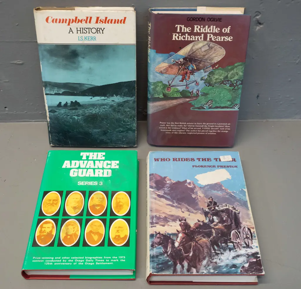 4 books - The Riddle of Richard Pearse, Campbell Island history, Who Rides the Tiger, The Advance Guard Series III Image 1++