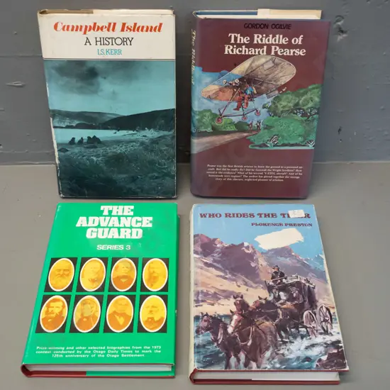 4 books - The Riddle of Richard Pearse, Campbell Island history, Who Rides the Tiger, The Advance Guard Series III
