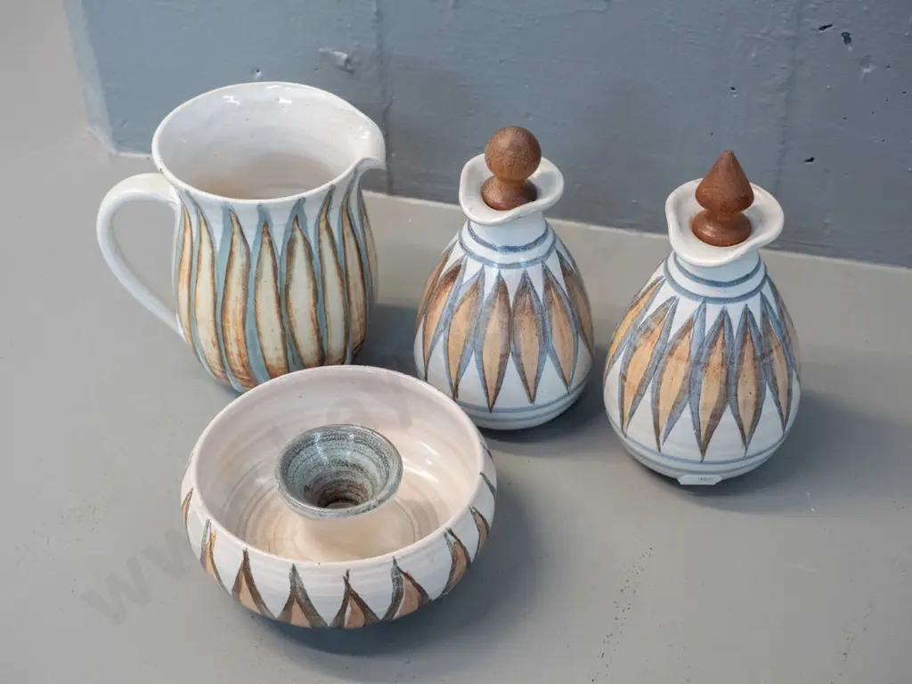 4 pieces Hanmer New Zealand pottery - 2 stoppered sauce bottles, jug H-120 and candlestick Image 1++